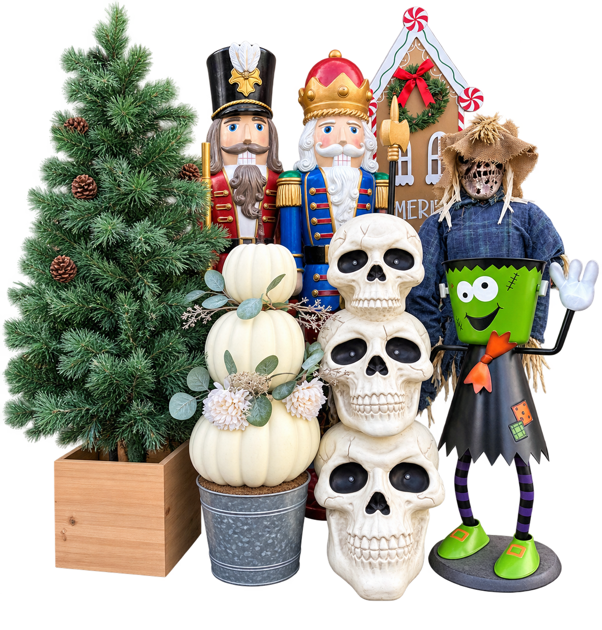 A collection of oversized holiday decorations