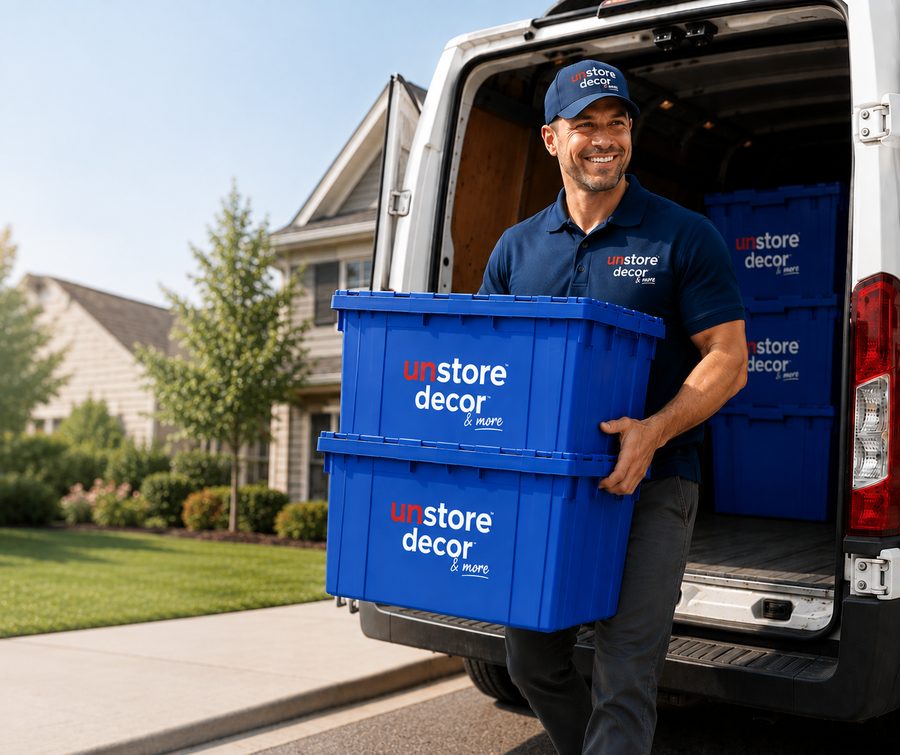Unstore Decor driver carrying branded storage bins to a customer's doorstep